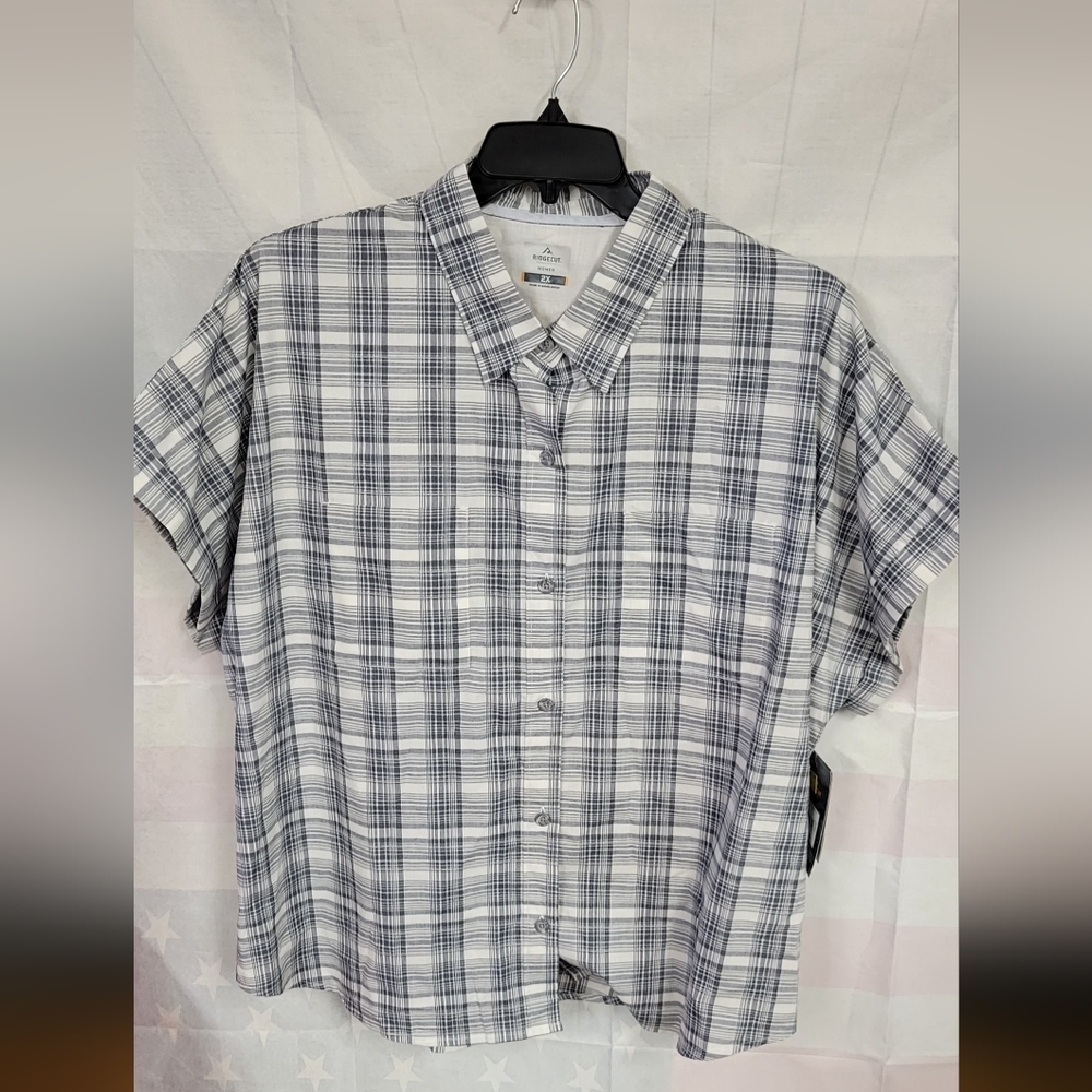 Ridgecrest Toughwear Short Sleeve 2 Pocket Cream Blue Plaid Button Up 2X